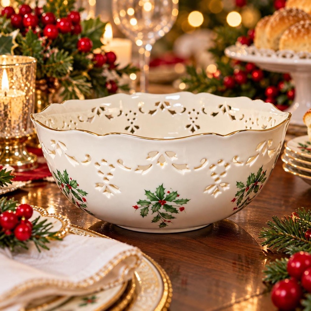 Vintage Lenox Holiday Pierced Serving Bowl Holly Berry Gold Trim Christmas